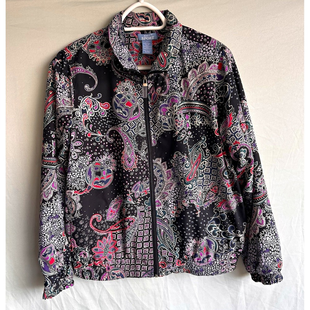 Koret Sport Black Paisley Full Zip Jacket Womens Petite PM Long Sleeve Satin